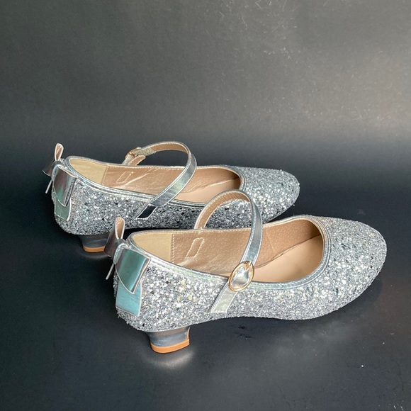Sparkly Silver Girls Wedding Cruise Holiday Princess Heel Dress Shoes with Bow - Picture 5 of 11